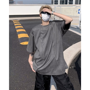 DT5575-P35美式高街解构反光条宽松短袖t恤男夏季潮牌复古麂皮绒图片