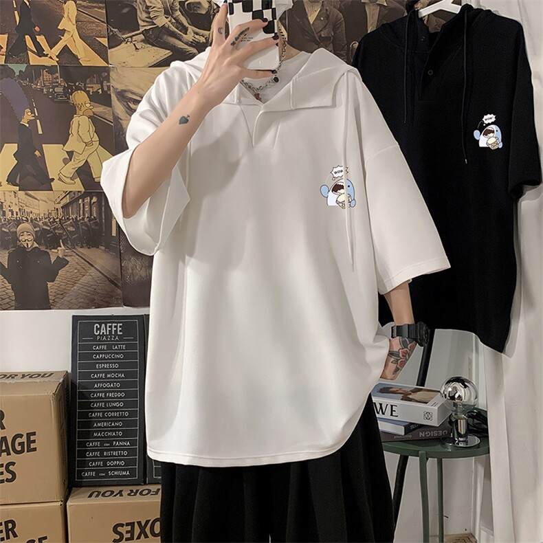 LD54239-P45 连帽短袖t恤男大码胖子带帽五分袖中袖 海报风图片