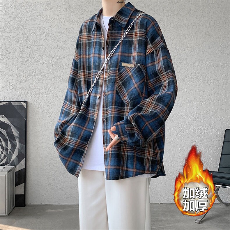 加绒衬衫男冬季新款港风宽松加厚大码磨毛格子长袖衬衣JR18-特P38，男装衬衫，星座214-3