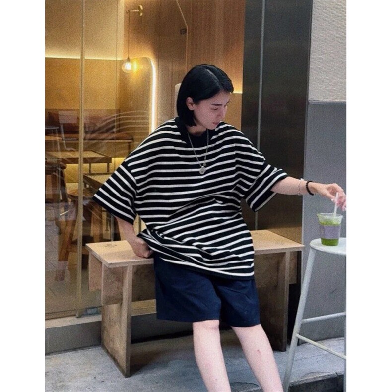 高品质现货 二开男女同款圆领T恤宽松条纹短袖大码T2510-P35图片
