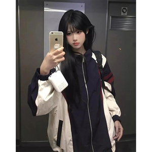 拼接撞色翻领夹克男女春秋新款宽松休闲运动外套上衣 JF93图片