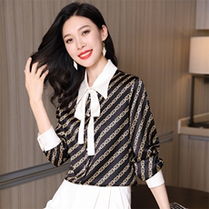 气质系带重磅真丝衬衫女2026春新款撞色拼接真丝条纹上衣A3555，女装衬衫，阿舍尔精品