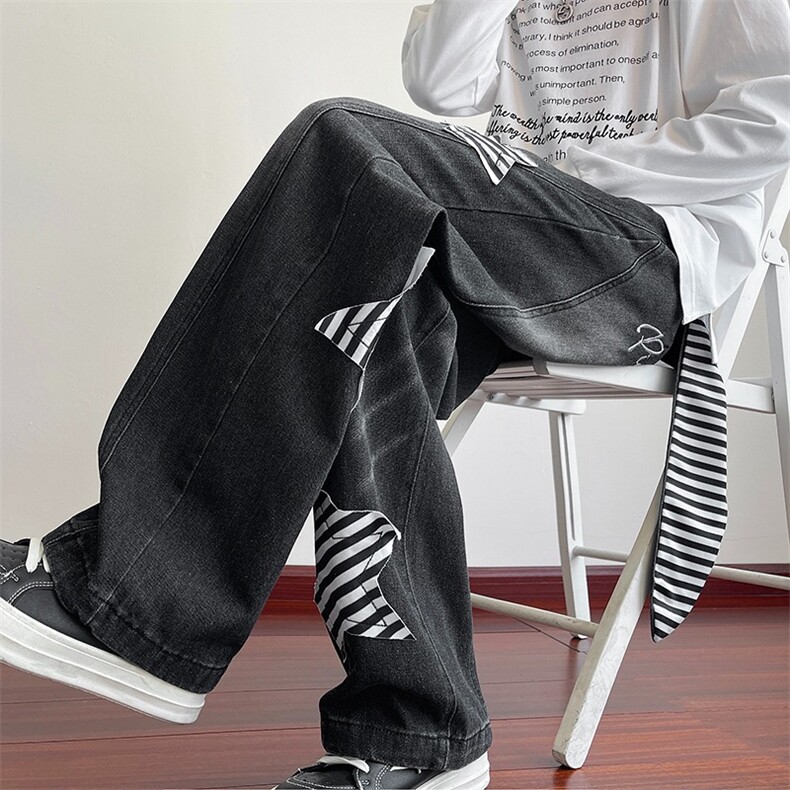 美式星星贴布侧边拉链牛仔裤男春夏季设计感高腰宽松阔腿直筒裤子，男装牛仔裤，星座601-1