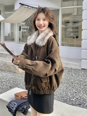 复古毛领派克羽绒服女冬短款小个子牛角扣加厚白鸭绒内胆毛呢外套，女装羽绒服，艾米莉亚