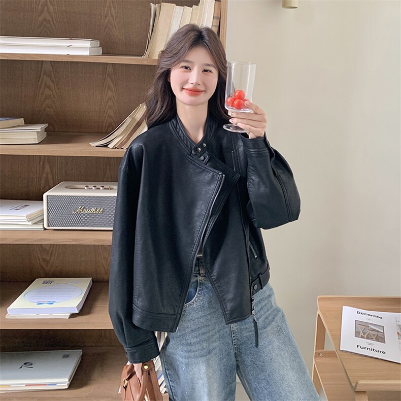 黑色皮衣外套女春秋设计感网红韩系机车服pu皮夹克酷飒,女装皮衣,2C176