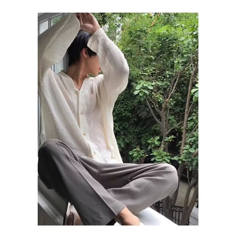 衬衣设计秋季衬衫奇趣宽松白色长袖情侣新款男小镂空鱼薄款,男装衬衫,星座218-1（原230）