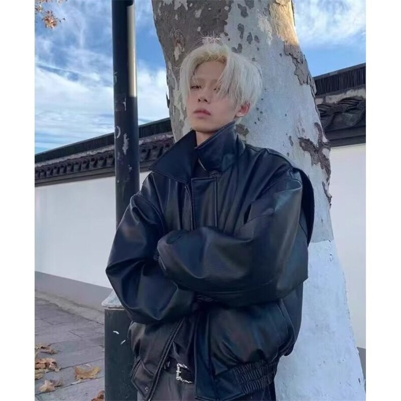 美式复古垫肩短款外套男潮牌飞行员痞帅高级感机车服翻领休闲夹克图片