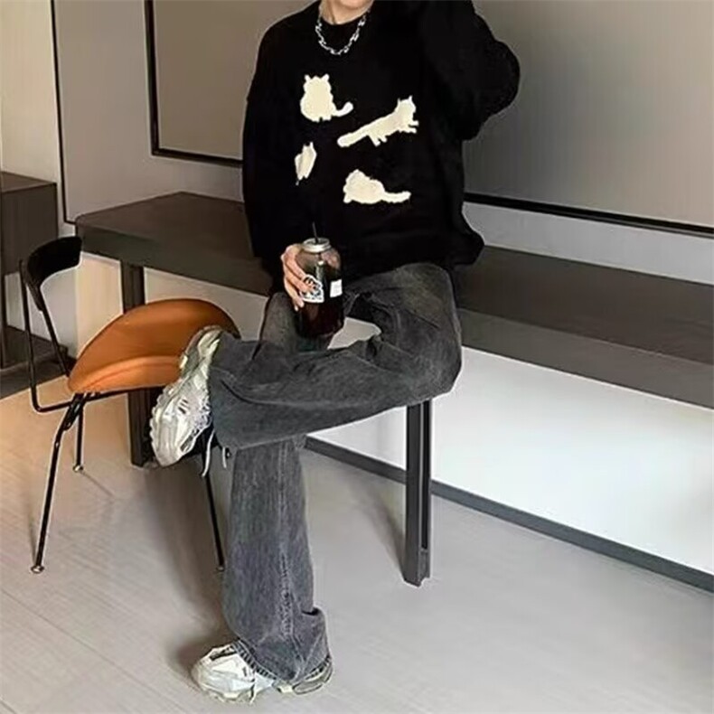 猫咪马海毛毛衣男女同款情侣秋季潮牌美式复古宽松慵懒针织衫,男装针织衫/毛衣,星座218-1（原230）