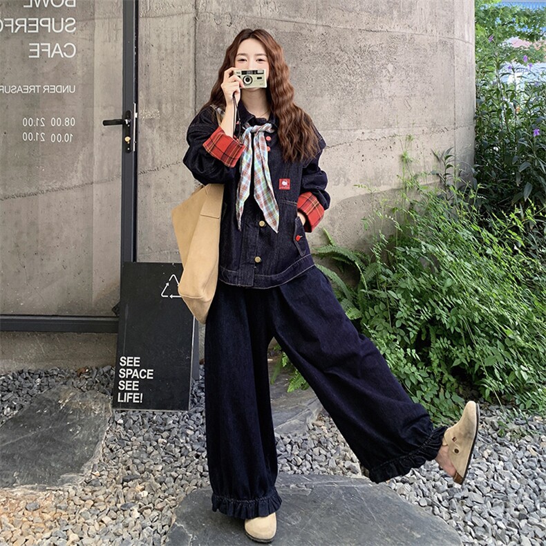 休闲丝巾格纹拼接牛仔上衣阔腿裤套装女2025秋新款减龄高级两件套图片