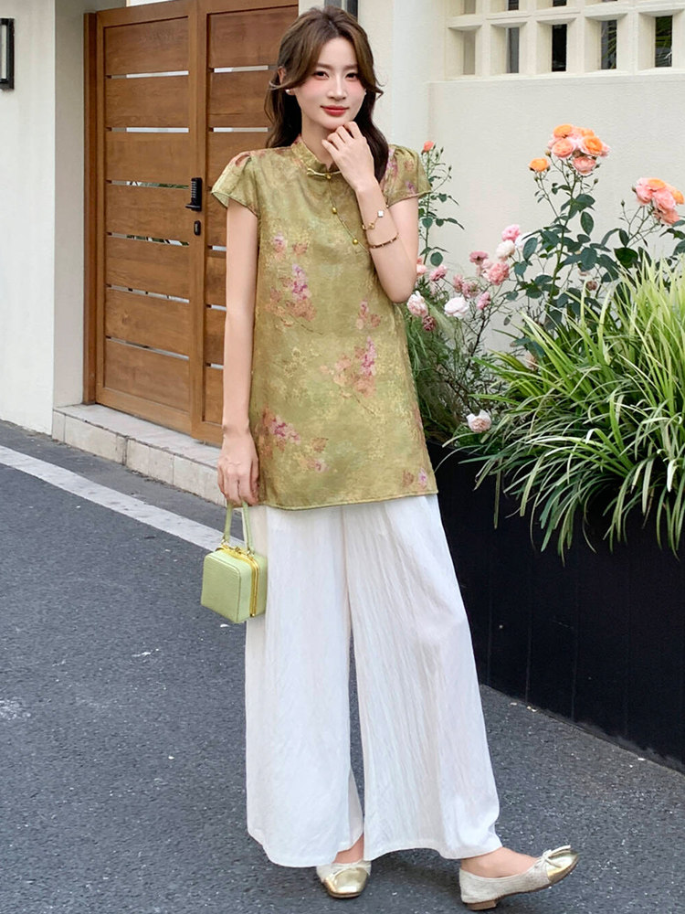 新中式g风套装女2026夏季流行复古印花盘扣旗袍上衣阔腿裤两件套,女装套装/套裙,超帛