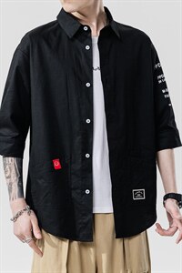 2021夏季新日系大码男无影墙个性印花绣标宽松七分袖衬衫C553-P40图片
