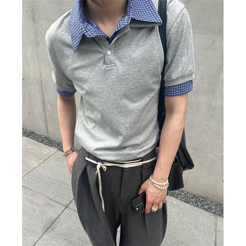 得物抖音高品质二开夏季美式潮牌高街假两件格子衬衣翻领短袖T恤,男装T恤,电商A486
