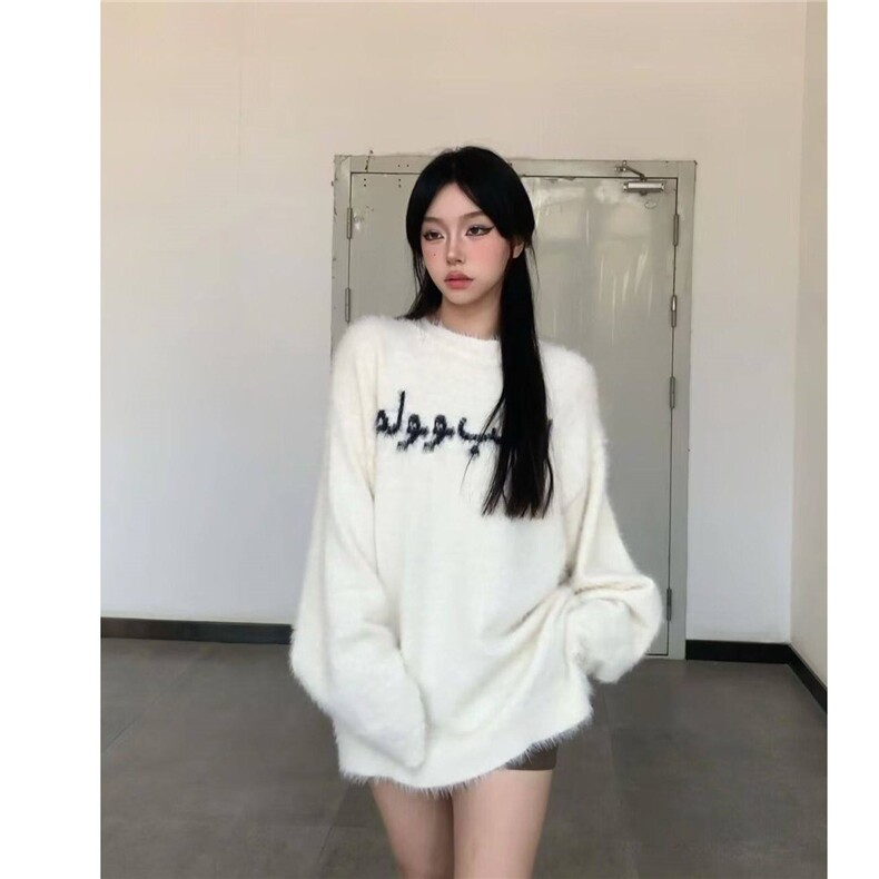 白色针织衫软糯毛衣女秋季慵懒风毛绒绒字母宽松百搭加厚学生上衣,男装针织衫/毛衣,星座506A