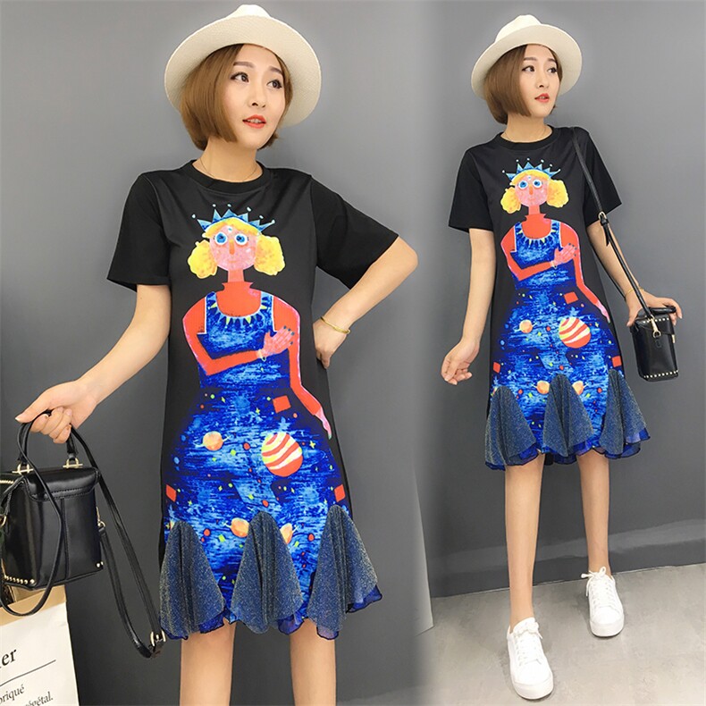 T恤圆领纱网拼接印花2021年夏季短袖中长款时尚韩版潮流图案,女装T恤,诗贝淇