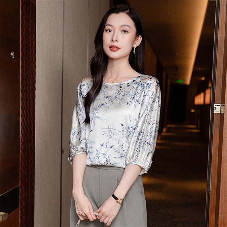 纯色真丝上衣女七分袖2026春夏宽松中袖中年妈妈装真丝T恤小衫,女装衬衫,阿舍尔精品