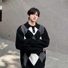 A135-2523美式复古撞色格子毛衣高品质高克重P88控129，男装针织衫/毛衣，电商A135（原星座819）