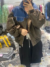 2022欧洲站洋气牛仔拼接PU皮外套，其它，L·H·X