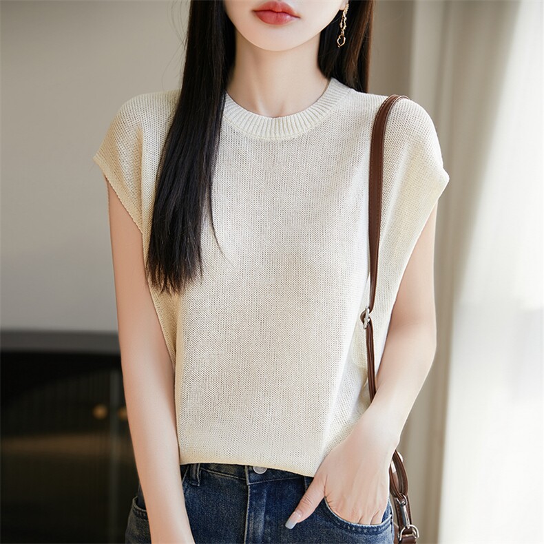 2025年夏季圆领单件套头常规款时尚百搭罩衫纯色上衣，女装针织衫/毛衣，暖烁特种纱工厂店