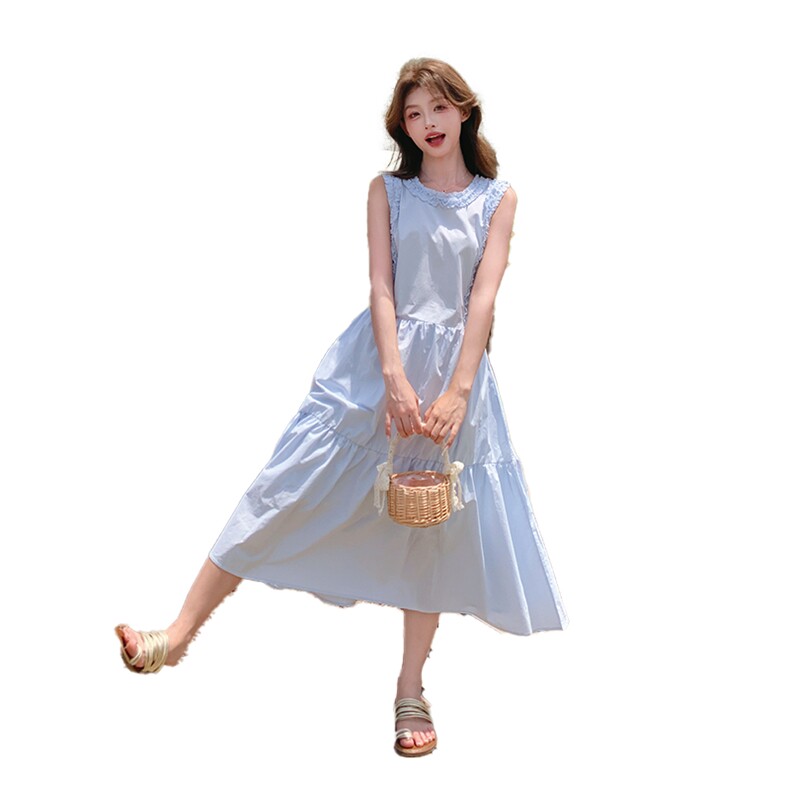 蓝色甜美减龄无袖连衣裙女夏新款海边度假小个子森系显瘦别致长裙,女装连衣裙,2C285