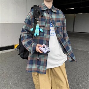 长袖格子衬衫春款男港风潮流C528P32图片