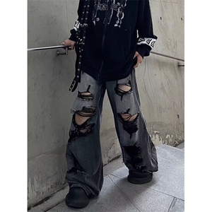 破洞牛仔裤男女高街vibe水洗做旧宽松直筒垂感阔腿裤子 ND33图片