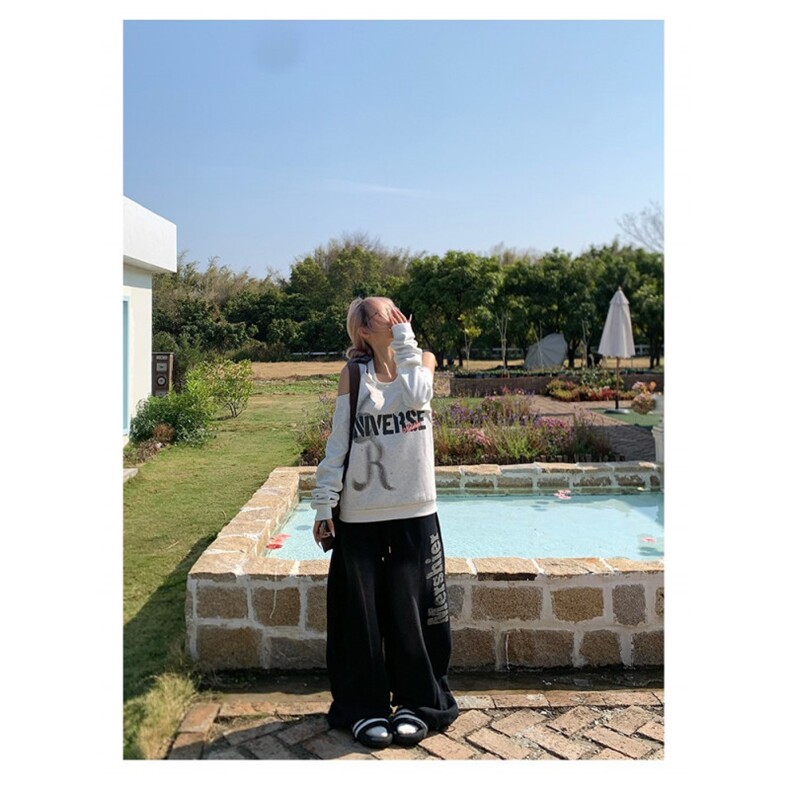 美式做旧字母印花松紧腰阔腿裤男女宽松休闲卫裤,男装休闲裤,四季星座505