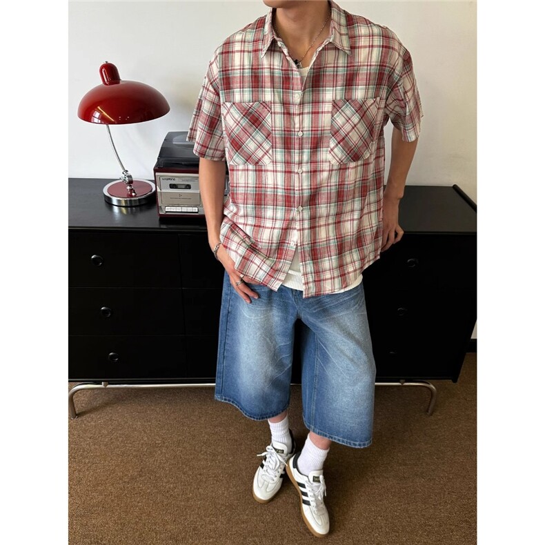 美式复古磨毛格纹短袖衬衫男女夏季潮牌休闲外套痞帅衬衣外套新款图片