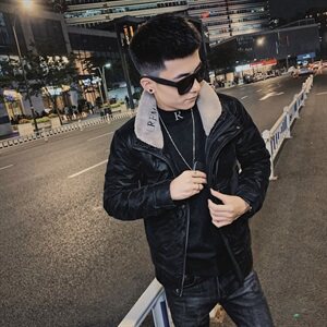 pu皮羽绒服社会小伙ins刺绣毛领立领冬季潮男外套C301B-YR01图片