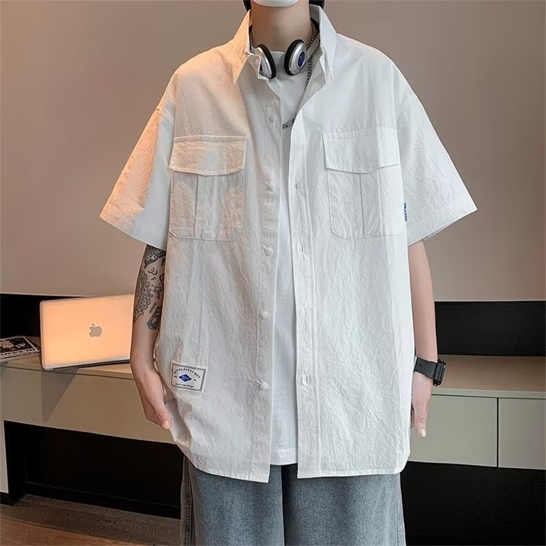 工装短袖衬衫男夏季2023新款美式潮牌白色衬衣宽松外套CY446-P33图片