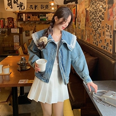 港风甜美蕾丝拼接牛仔外套女小个子2025春季新款短款钉珠翻领上衣，女装牛仔外套，蝶眷