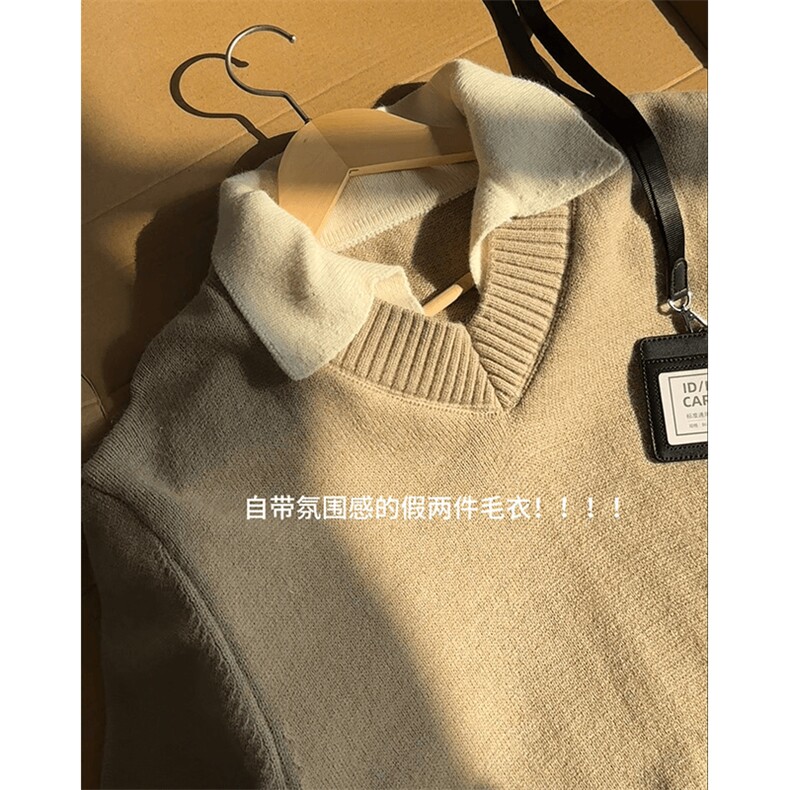 重磅北极绒假两件衬衫领毛衣美式高街复古休闲慵懒纯色翻领针织衫,男装针织衫/毛衣,电商A486