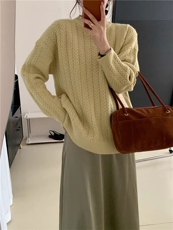 2025年秋季新款百搭女士麻花圆领长袖针织衫，女装针织衫/毛衣，硕彦羊绒