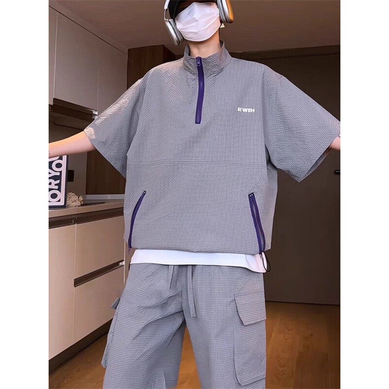 泡泡纱立领短袖短裤两件套男生夏季薄款速干休闲运动套装TZ115,男装防晒衣,电商D315