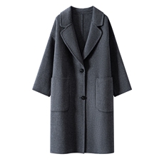 2025年秋季新款百搭女士系扣长袖带兜大衣，女装双面呢大衣，织美生
