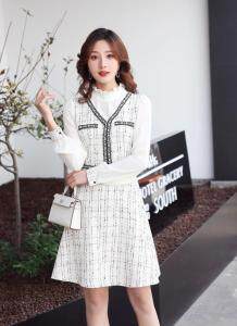 【现货】2021春装假两件小香风高腰显瘦连衣裙,女装连衣裙,伊洛姿