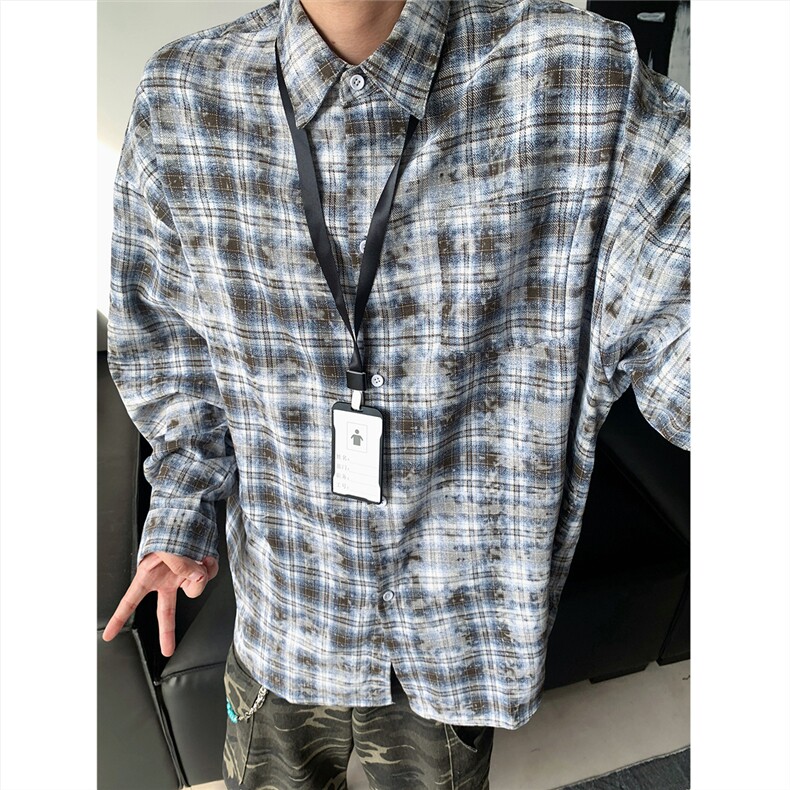 现货~扎染格子大码长袖衬衫C5885/特P28咖啡色,男装衬衫,电商A094