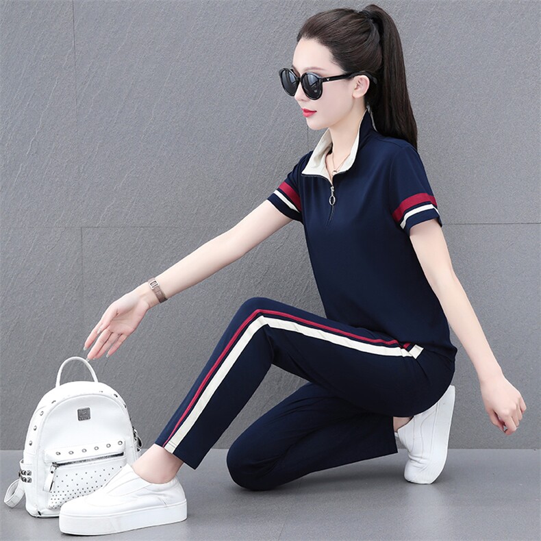 燕颉运动服套装女2023夏天薄款翻领长裤两件套韩版休闲中年妈妈装，女装运动套装，燕颉服饰