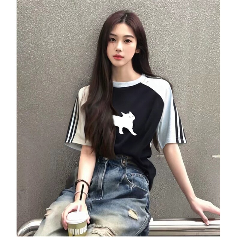 抖音得物品质二开240克宽松纯棉美式潮牌插肩三杠织带短袖T恤图片