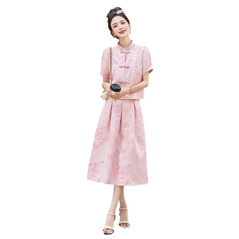 设计感绝美独特女2025夏新中式设计感显瘦外套时尚百褶裙两件,女装连衣裙,罗得堡