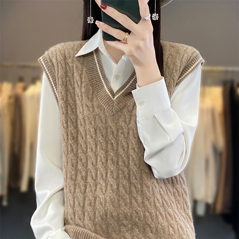 2023秋冬款V领麻花衫女无袖叠穿加厚宽松打底衫马甲上,女装马甲,蒙莲贝斯