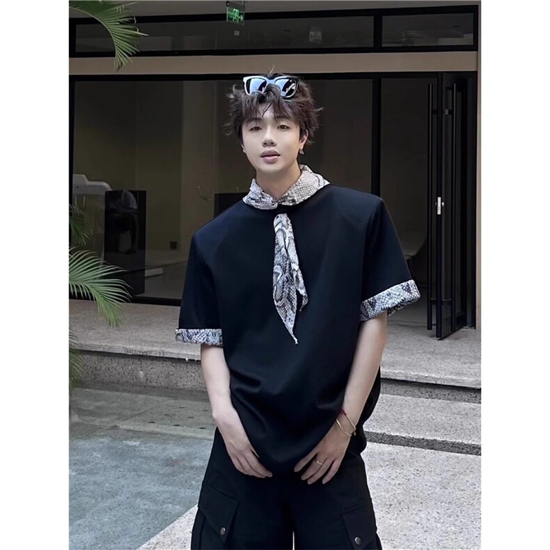 小众设计蛇年撞色拼接丝带高级感阔重磅垫肩短袖T恤TK26,男装T恤,星座1116A（原606A-3）