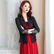 2023年衫/雪纺衫夏季V领九分袖蕾丝性感百搭，女装蕾丝衫/雪纺衫，婵米儿