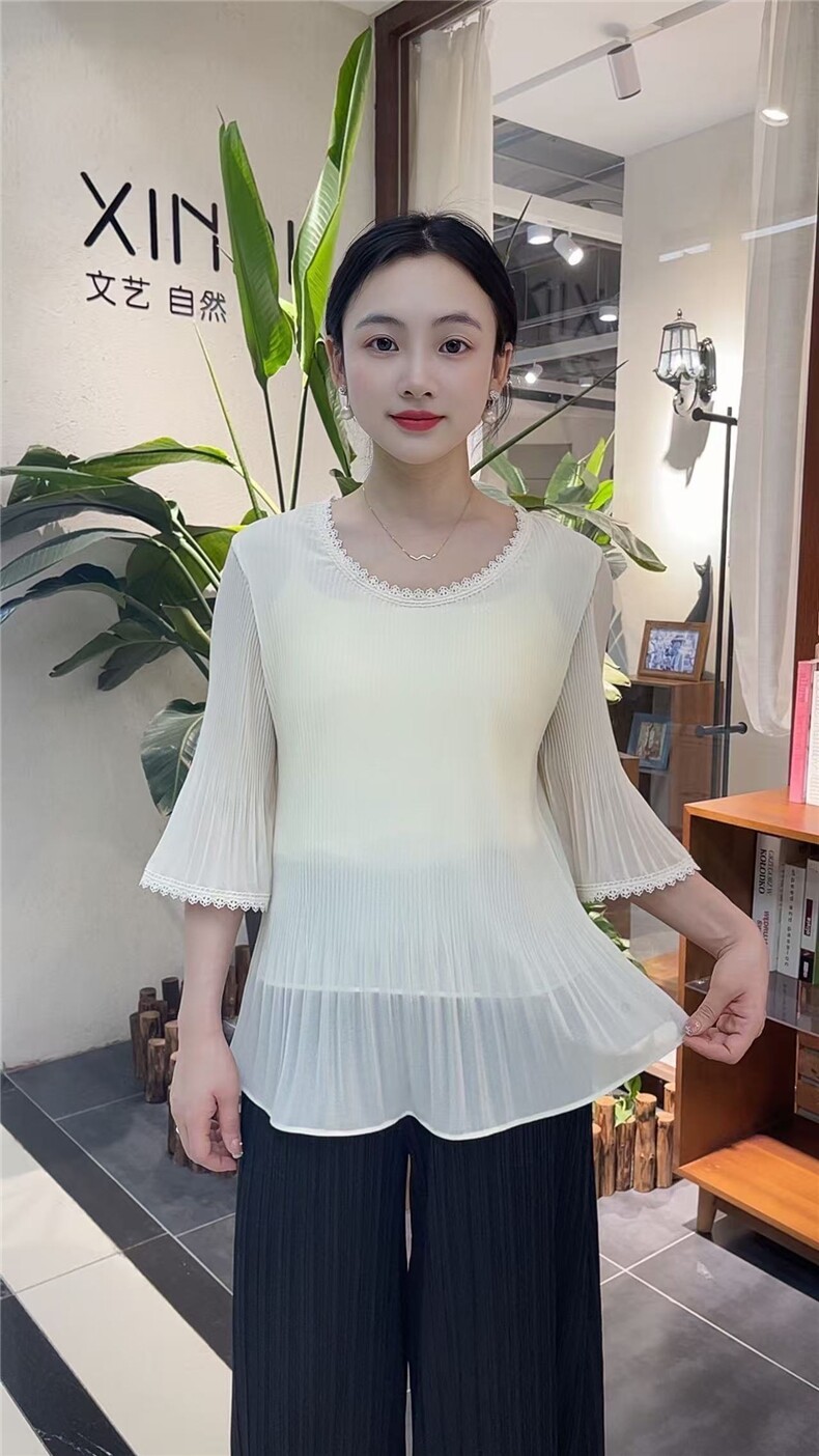 2025蕾丝百褶皱七分袖小衫,女装T恤,雪兔电商全品类
