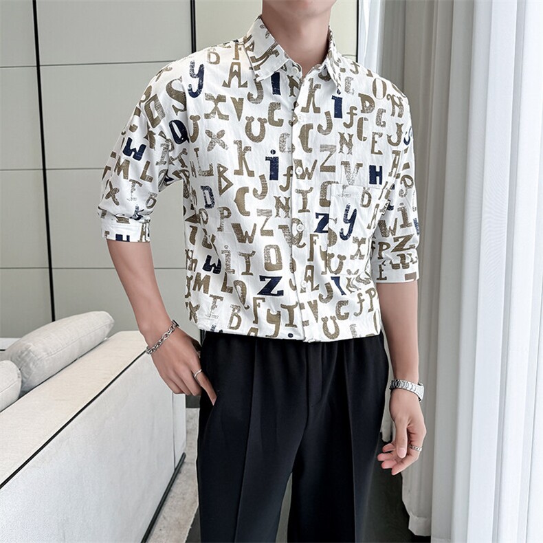 2025春季新款衬衫男士轻奢印花七分袖衬衫打底上衣901-C41P58,男装衬衫,星座901