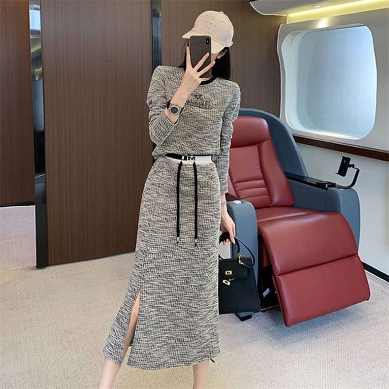 女秋季新款港风洋气显瘦卫衣开叉半身裙两件套,女装套装/套裙,江南