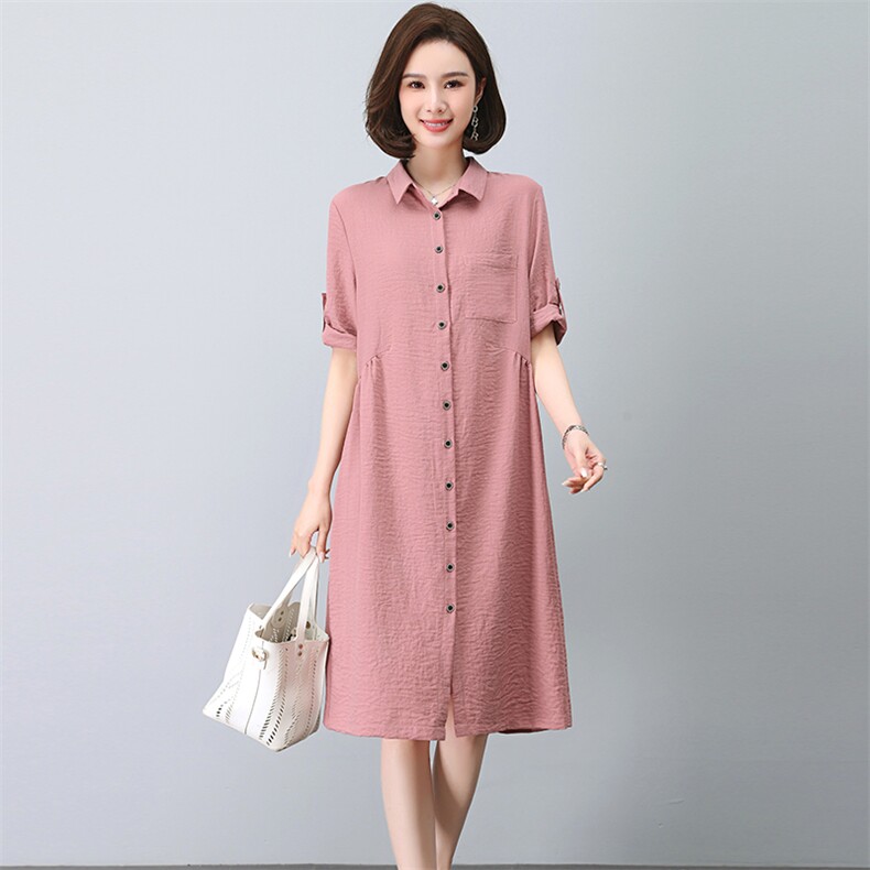 大码连衣裙女2023新款夏季衬衫裙宽松显瘦休闲妈妈气质裙子,女装连衣裙,忆绮罗