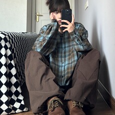 长袖格子衬衫男女少年感穿搭日系复古高街潮牌休闲衬衣外套情侣，男装衬衫，星座506A