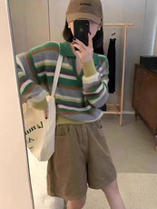 2025年秋季时尚百搭通勤简约休闲衬衣领条纹衫，女装羊毛衫，莺澜羊绒