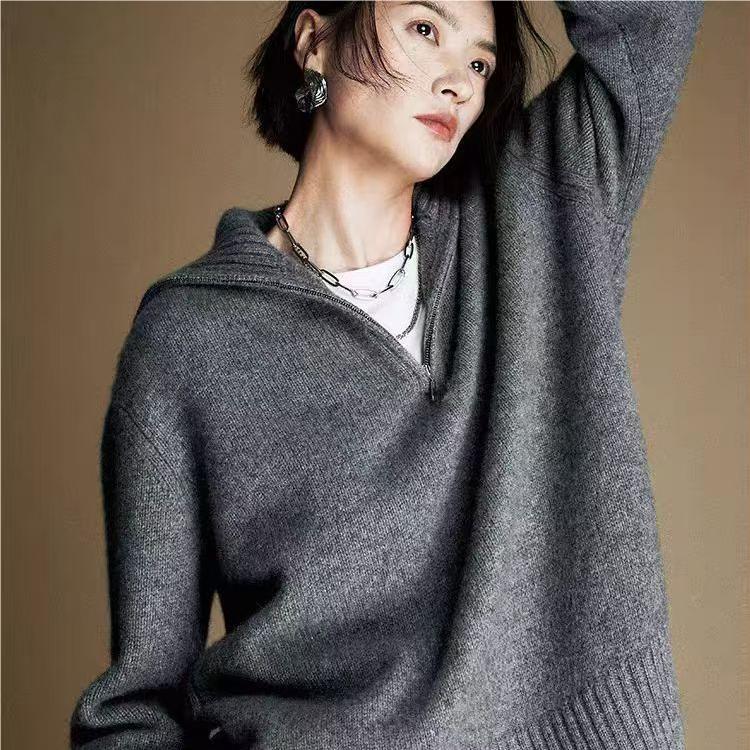 时尚女装仿羊毛法式慵懒大翻领半拉链针织衫,针织衫/毛衣,雪真羊绒