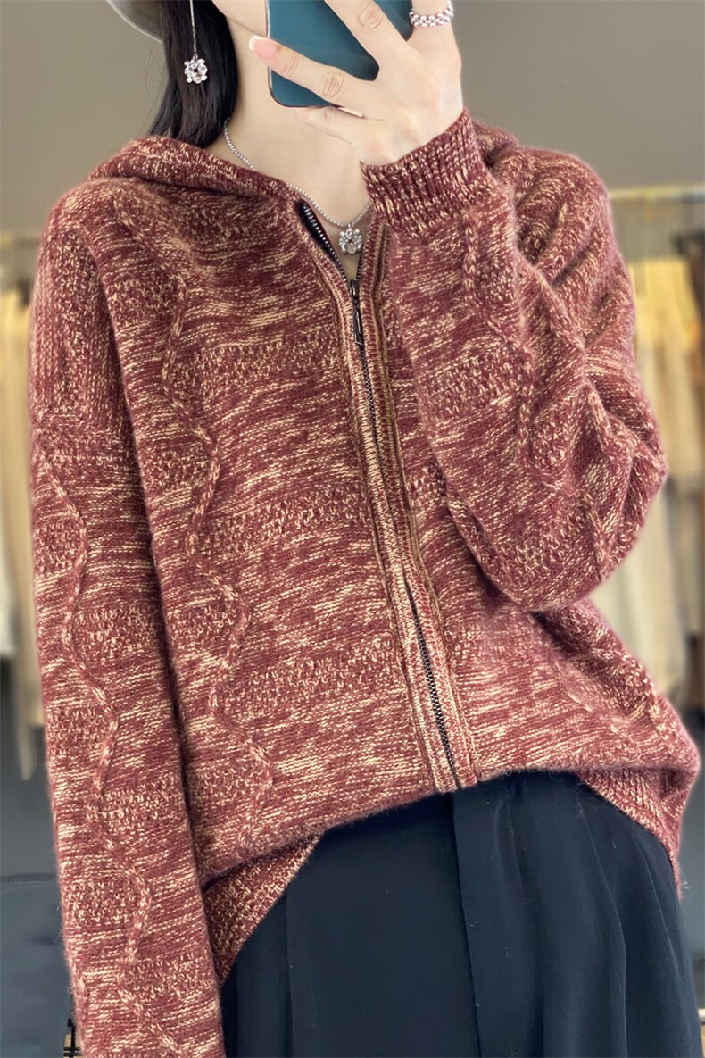 连帽拉链100%纯羊毛开衫女拼色针织帽衫毛衣宽松慵懒羊绒加厚外套,女装羊毛衫,忠诺羊绒